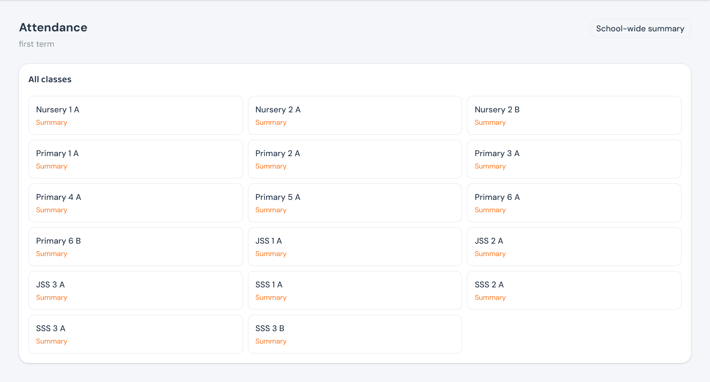 The Attendance page as Head Teacher, listing every arm in the school in a grid, each card showing only a Summary link — no Register link anywhere