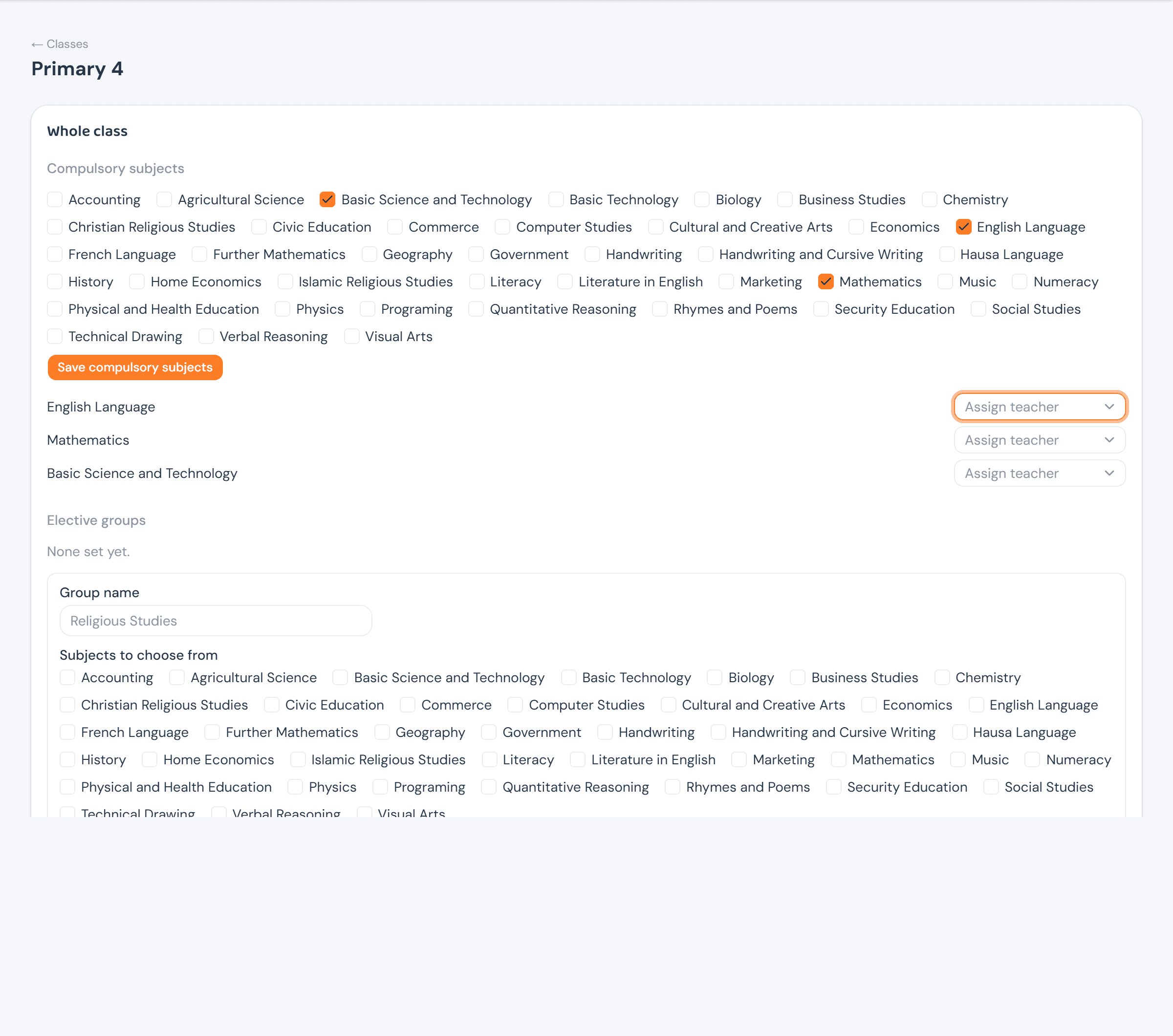 The Add elective group form open beneath 'None set yet', with a group name field and the full subject master list as checkboxes to choose from, plus minimum/maximum select counts
