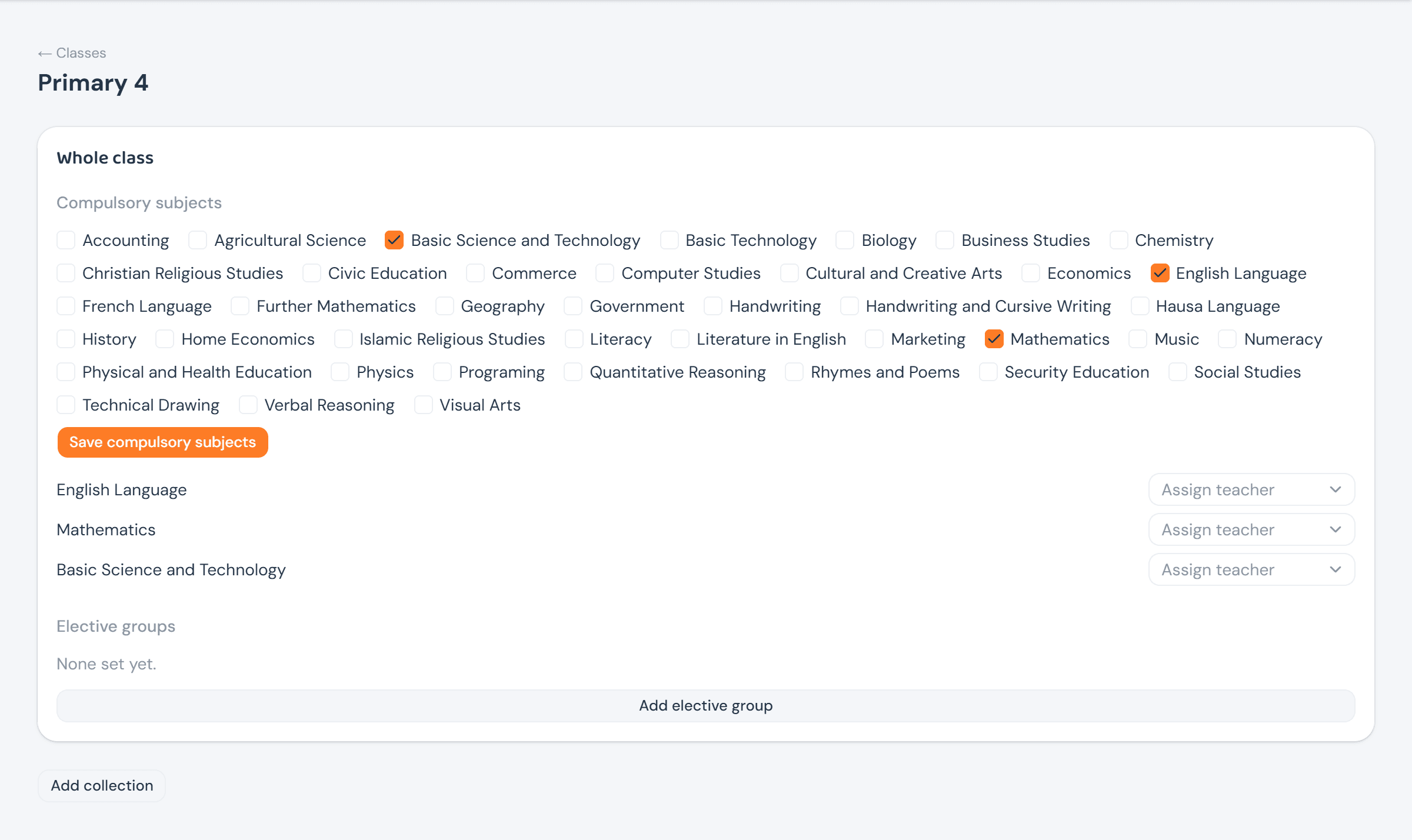 A class detail page showing the subject master list as checkboxes for compulsory subjects, and an Assign teacher dropdown next to each compulsory subject