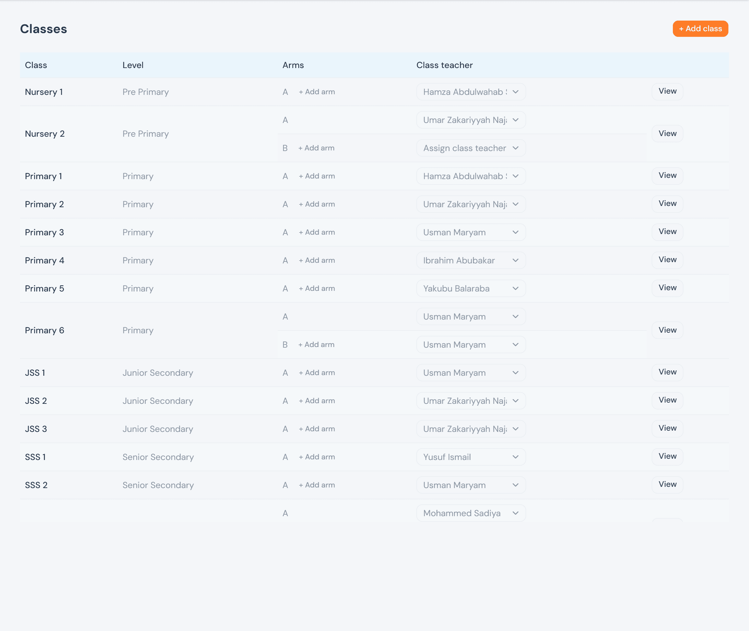 The Classes list, showing every class from Nursery 1 through SSS 2 with its arms and a class-teacher dropdown per arm