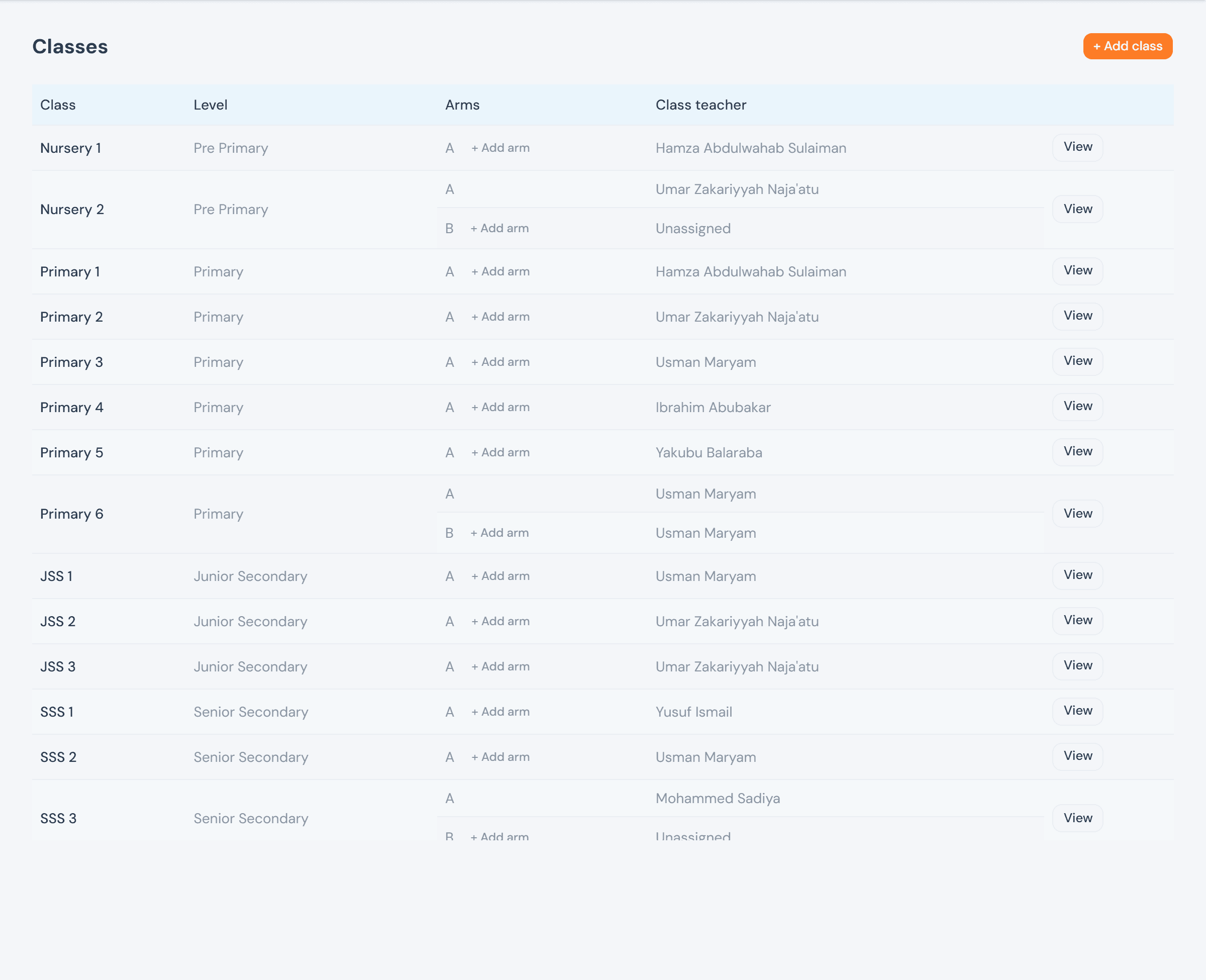 The same Classes list as the proprietor, with class teacher names shown as plain text instead of dropdowns