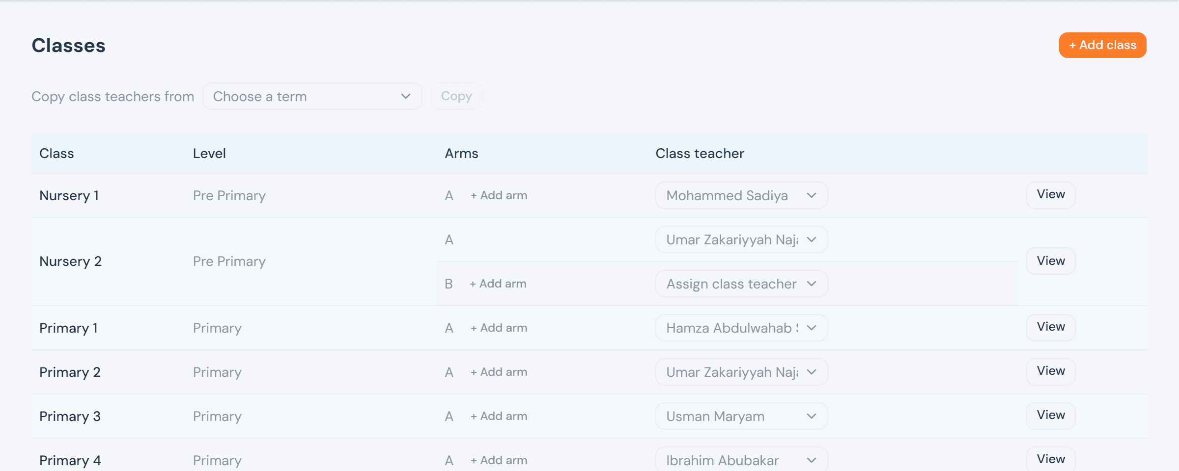 The Classes page with a 'Copy class teachers from' control above the table — a term dropdown and a Copy button — and one arm (Nursery 2 B) still showing 'Assign class teacher', unassigned