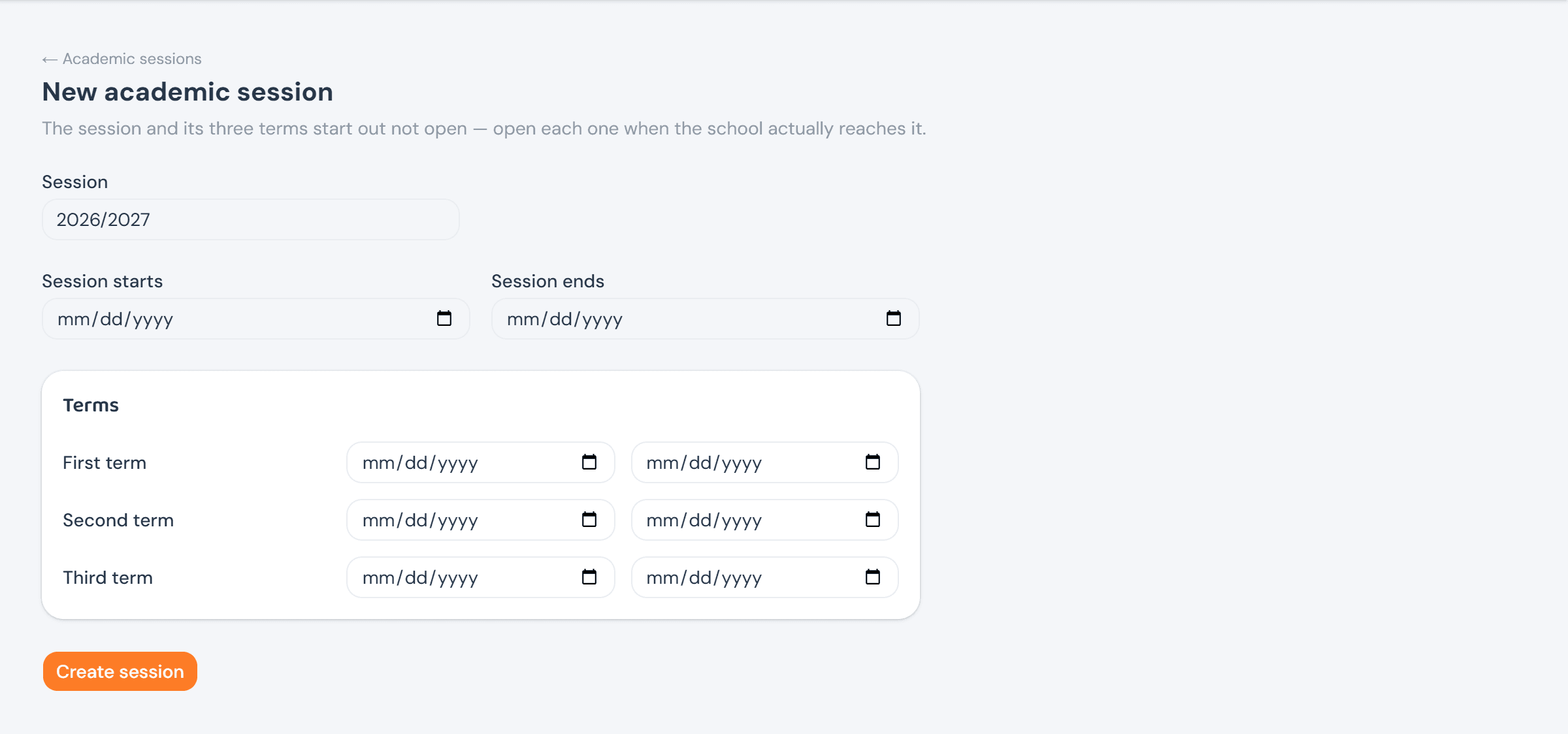 The New academic session form, with a session name, session start/end dates, and three terms each with their own start/end dates