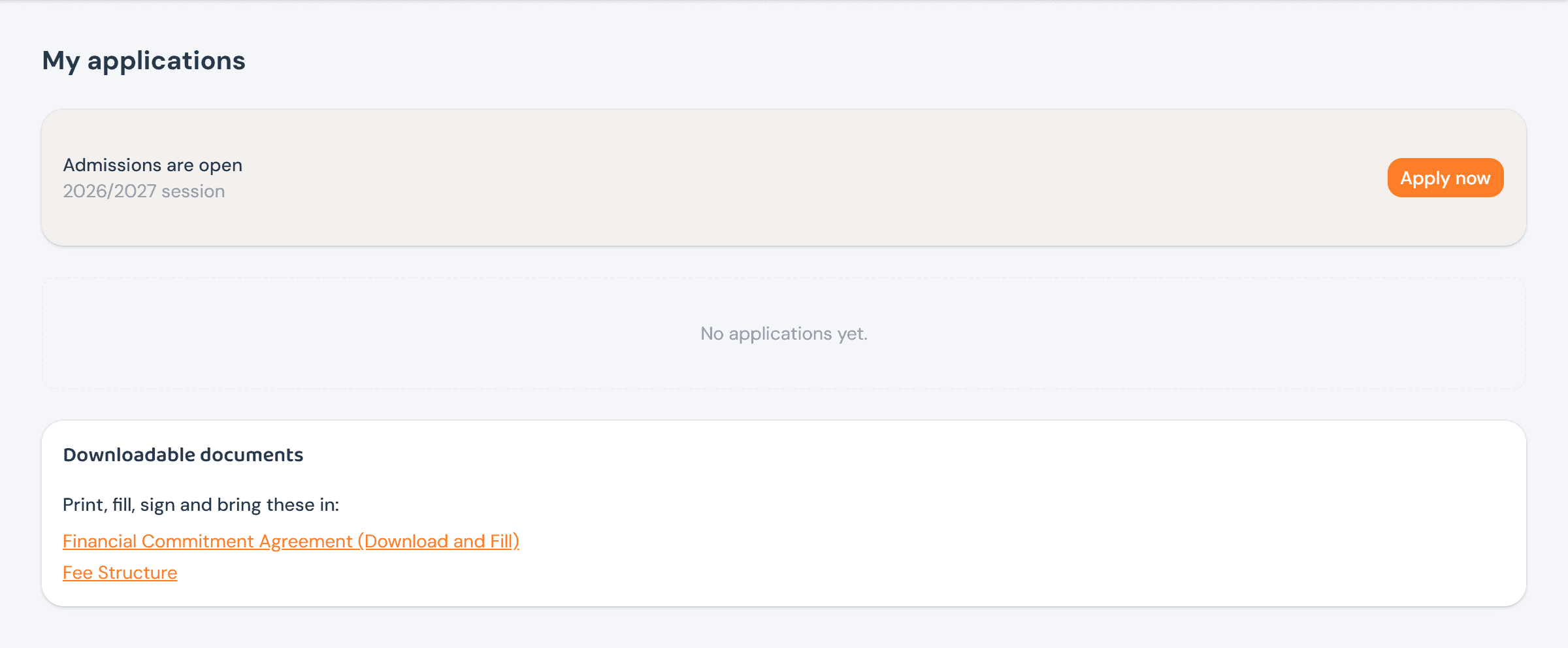 The My applications page: an 'Admissions are open — 2026/2027 session' banner with an Apply now button, a 'No applications yet' empty state, and a Downloadable documents card with Financial Commitment Agreement and Fee Structure links