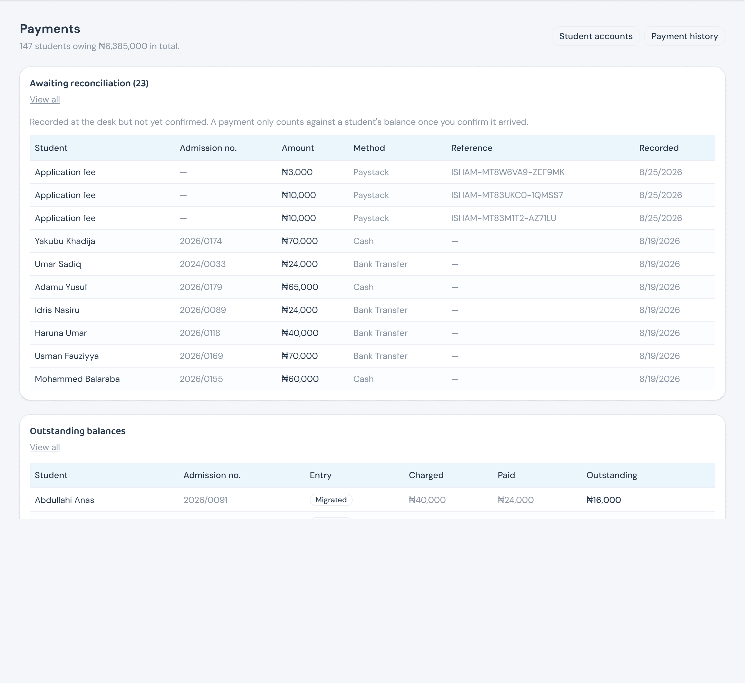 The Payments console as Head Teacher: '147 students owing ₦6,385,000 in total', an Awaiting reconciliation preview card, and an Outstanding balances preview card — no Make payment button in the header