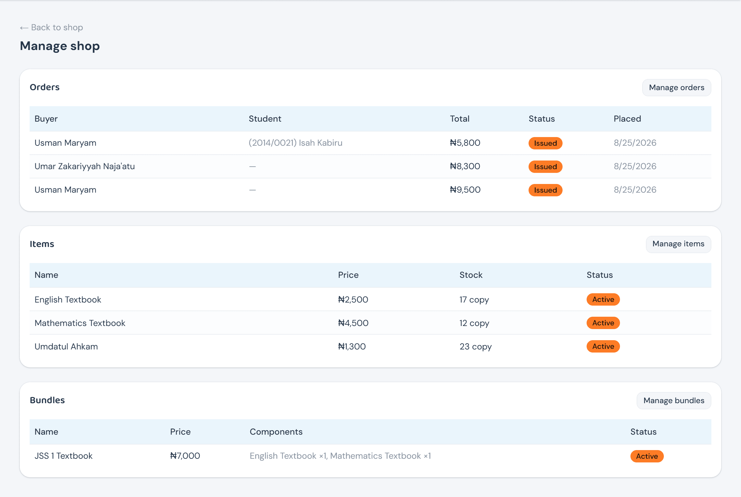 The Manage shop page with three cards: Orders (three issued orders listed), Items (three active items), and Bundles (one active bundle)