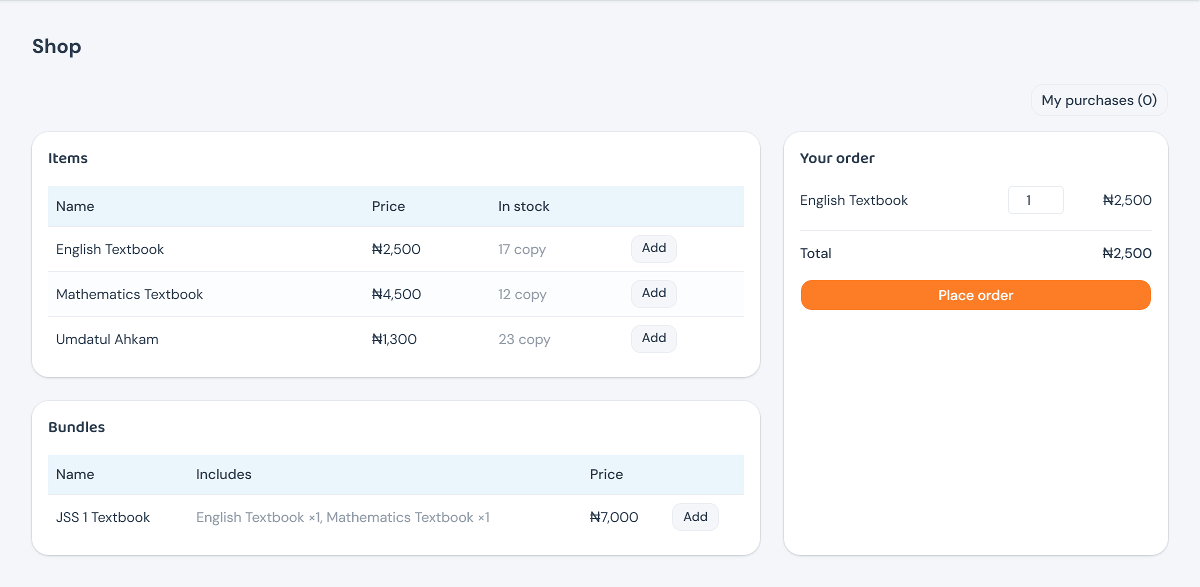 The storefront with one English Textbook added to the cart at quantity 1, a Total of ₦2,500, and a Place order button