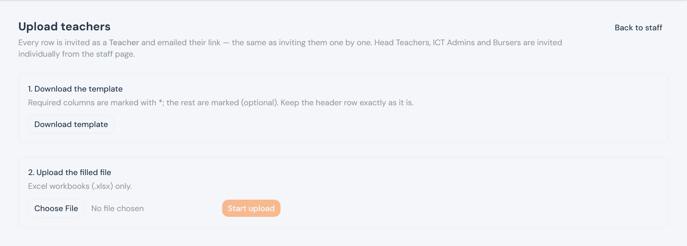 The Upload teachers page, with steps to download a template and upload a filled workbook
