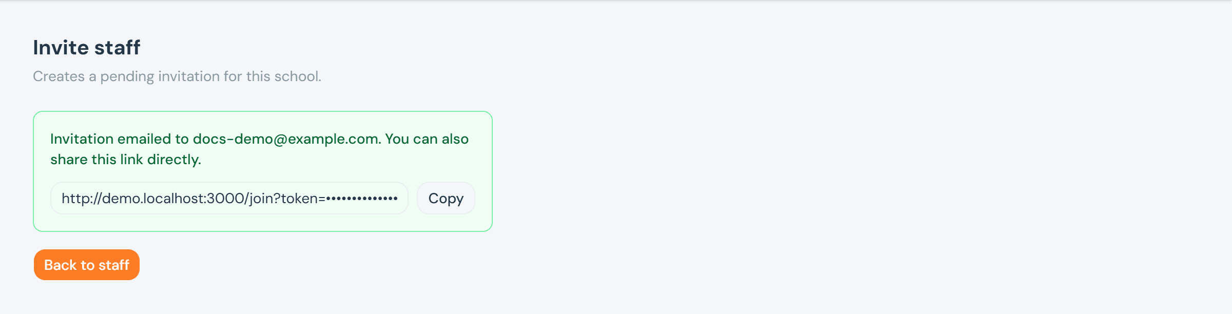 A success message reading 'Invitation emailed to docs-demo@example.com', with a copyable link below it