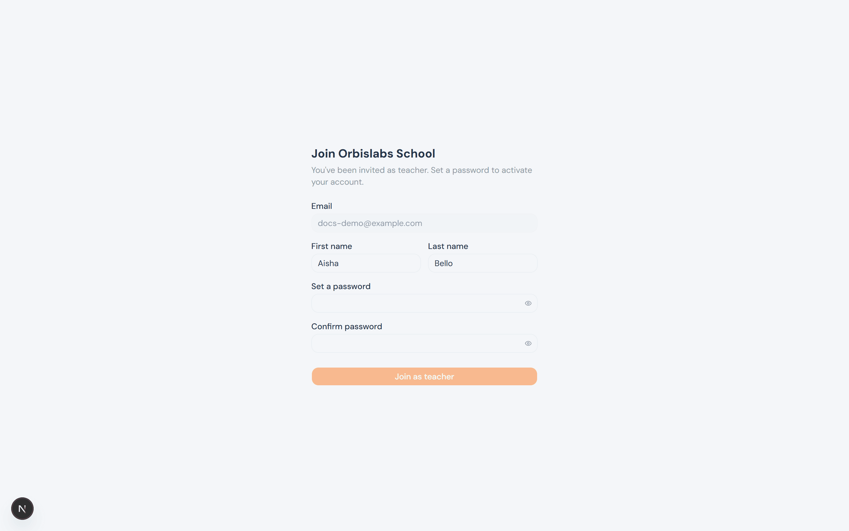 The Join Orbislabs School form, with email, first name, and last name pre-filled, and empty password fields
