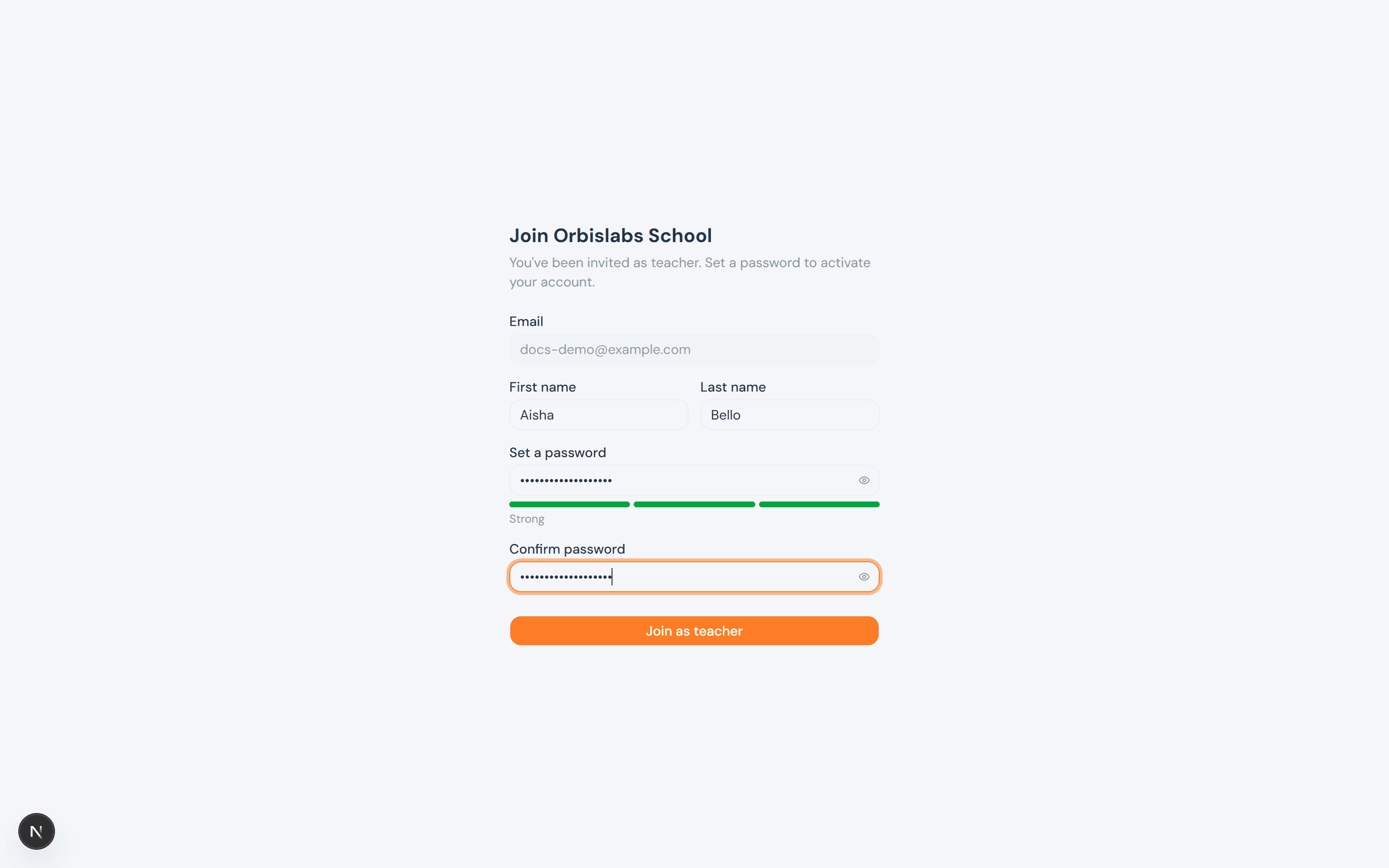 The same form with a password entered, showing a green 'Strong' strength meter