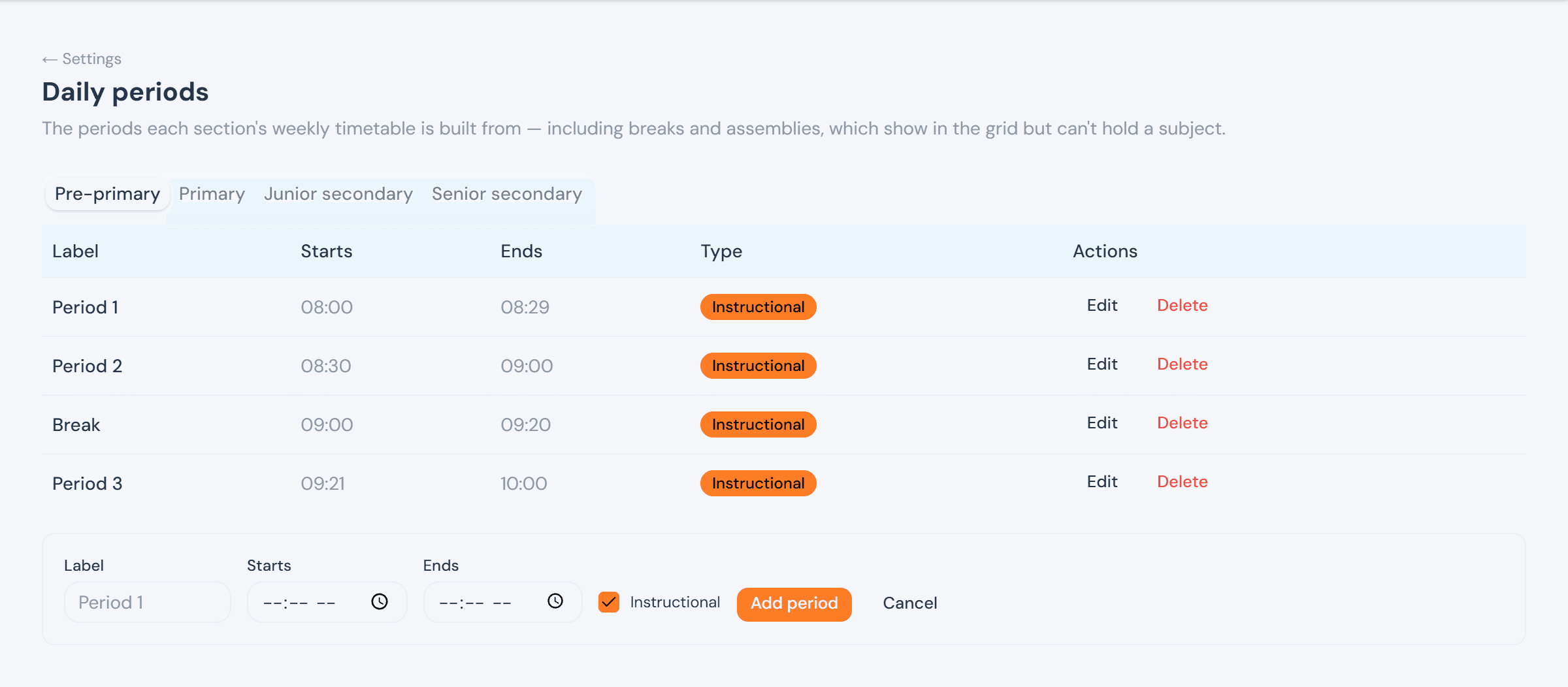 The Add period form open beneath the period list, with a label field, start and end time pickers, and an Instructional checkbox