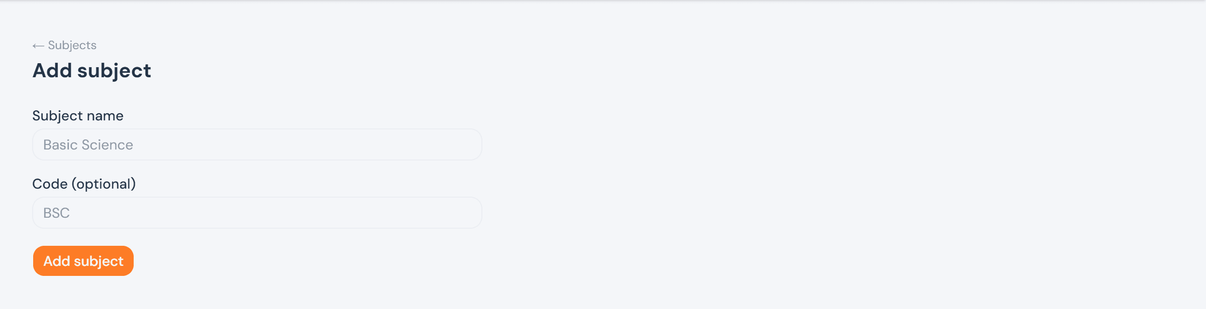 The Add subject form, with a Subject name field and an optional Code field