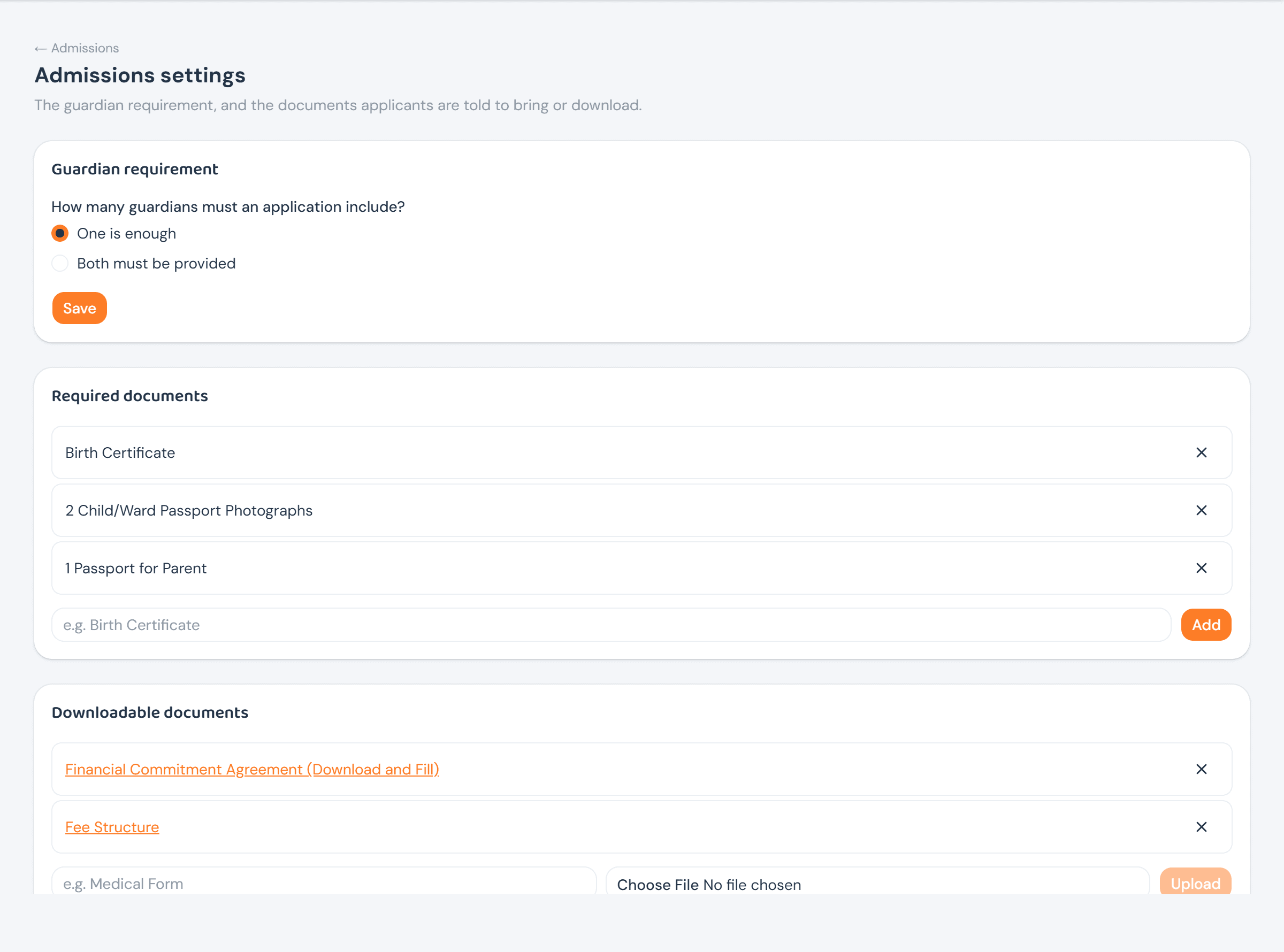 The Admissions settings page: a Guardian requirement radio group set to 'One is enough', a Required documents list (Birth Certificate, 2 Child/Ward Passport Photographs, 1 Passport for Parent) with an Add field, and a Downloadable documents list