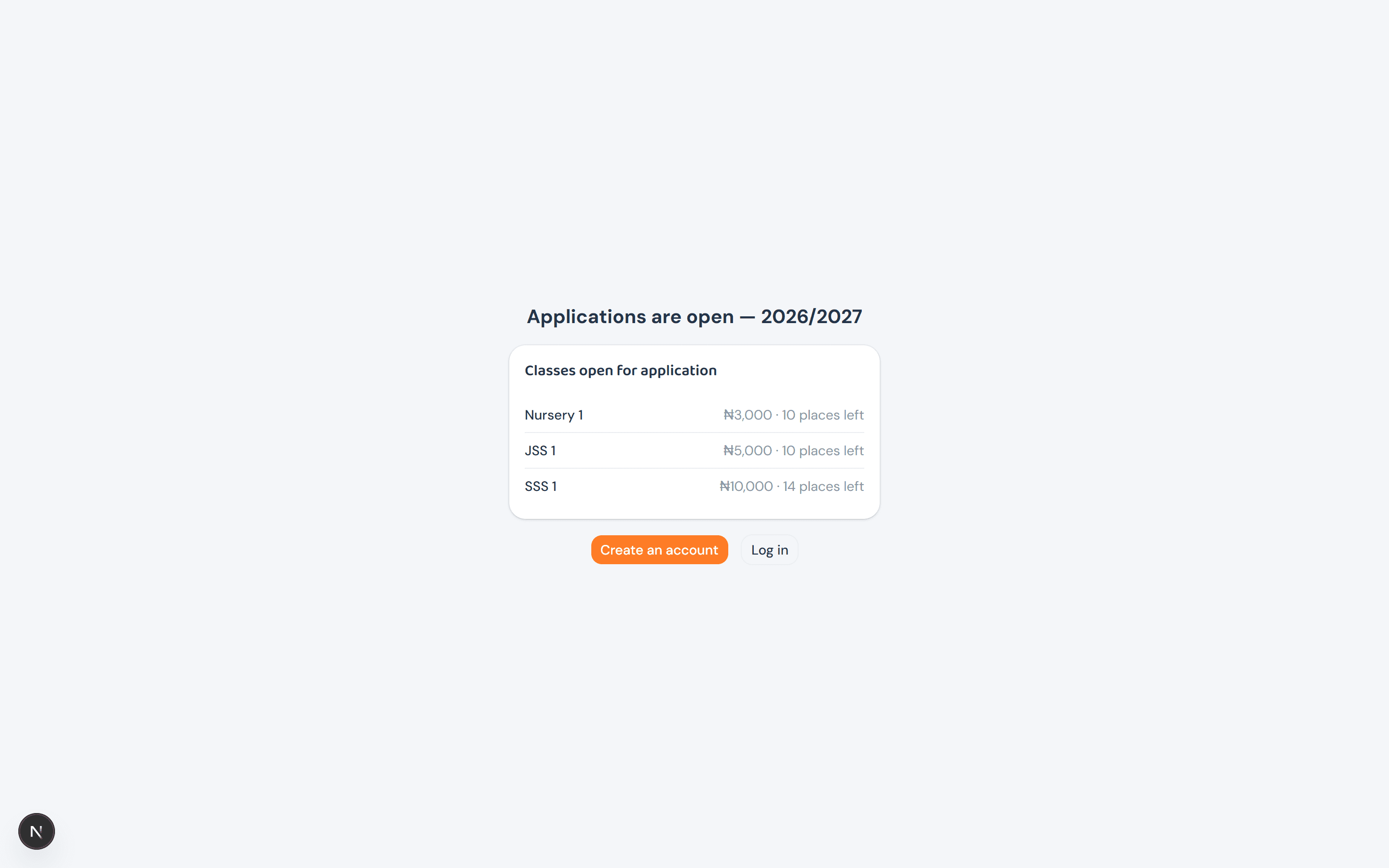 The public apply page, logged out, showing 'Applications are open — 2026/2027' with a fee and remaining-places count per class, and Create an account / Log in buttons