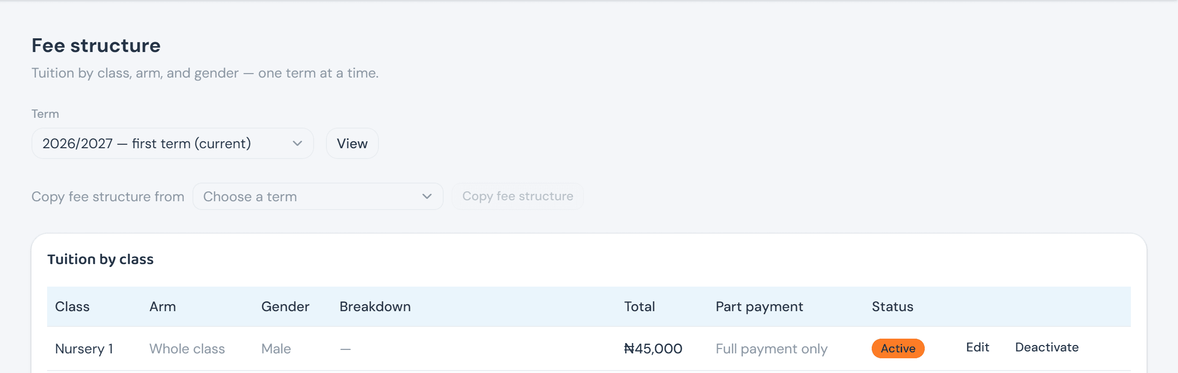The Fee structure page with a 'Copy fee structure from' control above the tuition table — a term dropdown and a Copy fee structure button