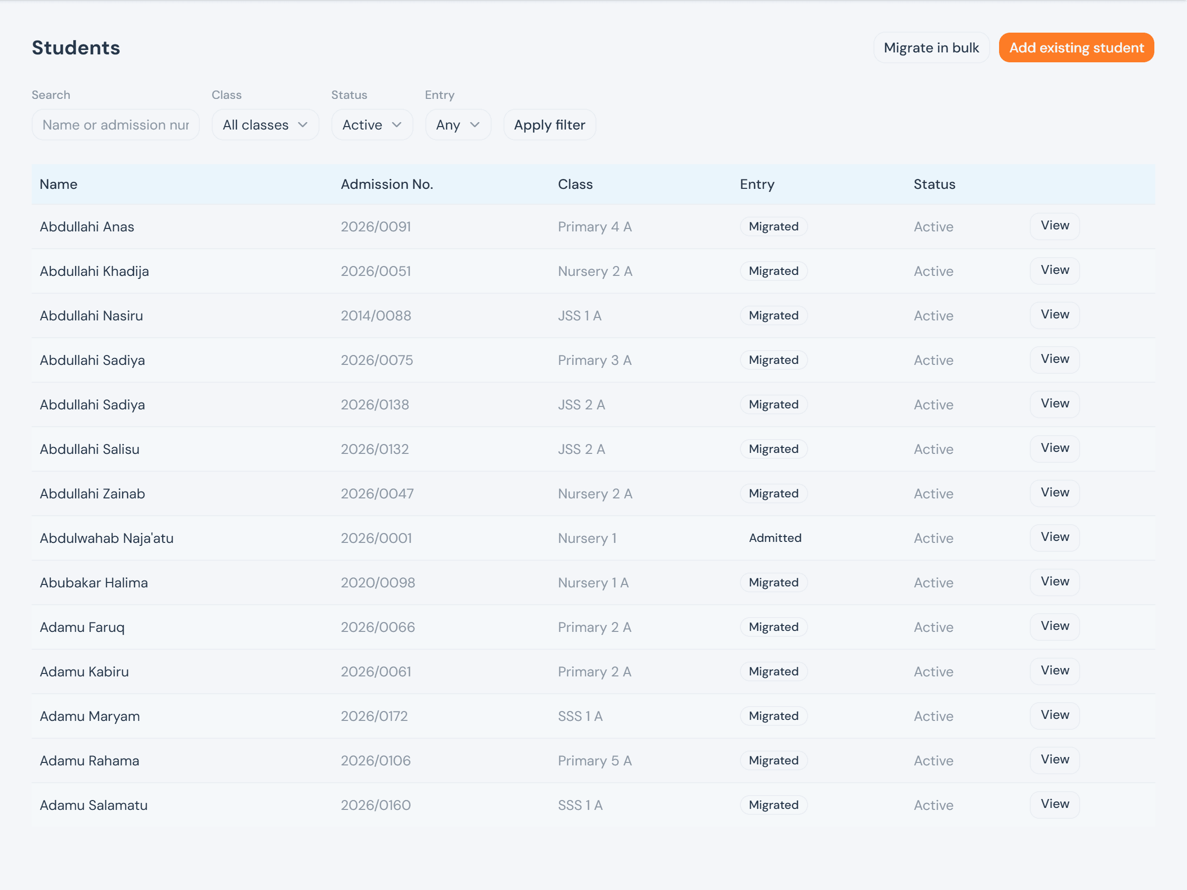 The Students roster, with search/class/status/entry filters and a table listing name, admission number, class, entry type (Migrated/Admitted badges), and status for many students