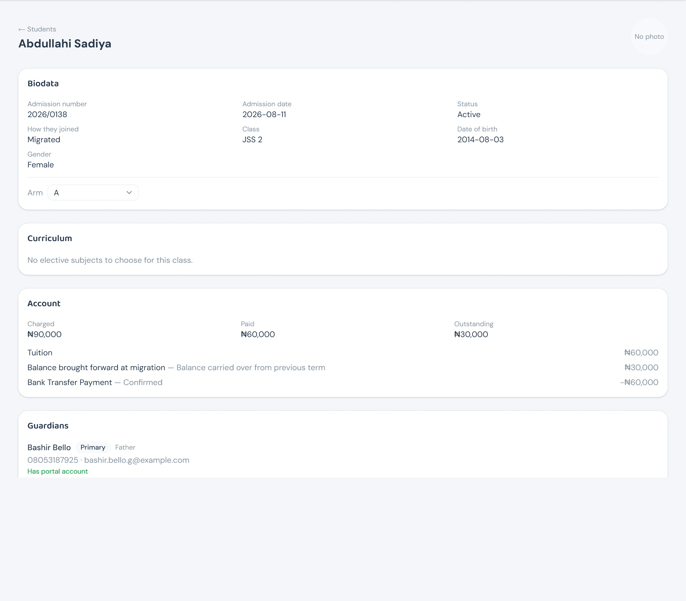 A student's profile page: Biodata card with an editable Arm dropdown, a Curriculum card, an Account card with a full itemized ledger, and a Guardians card showing one guardian with phone, email, and 'Has portal account'