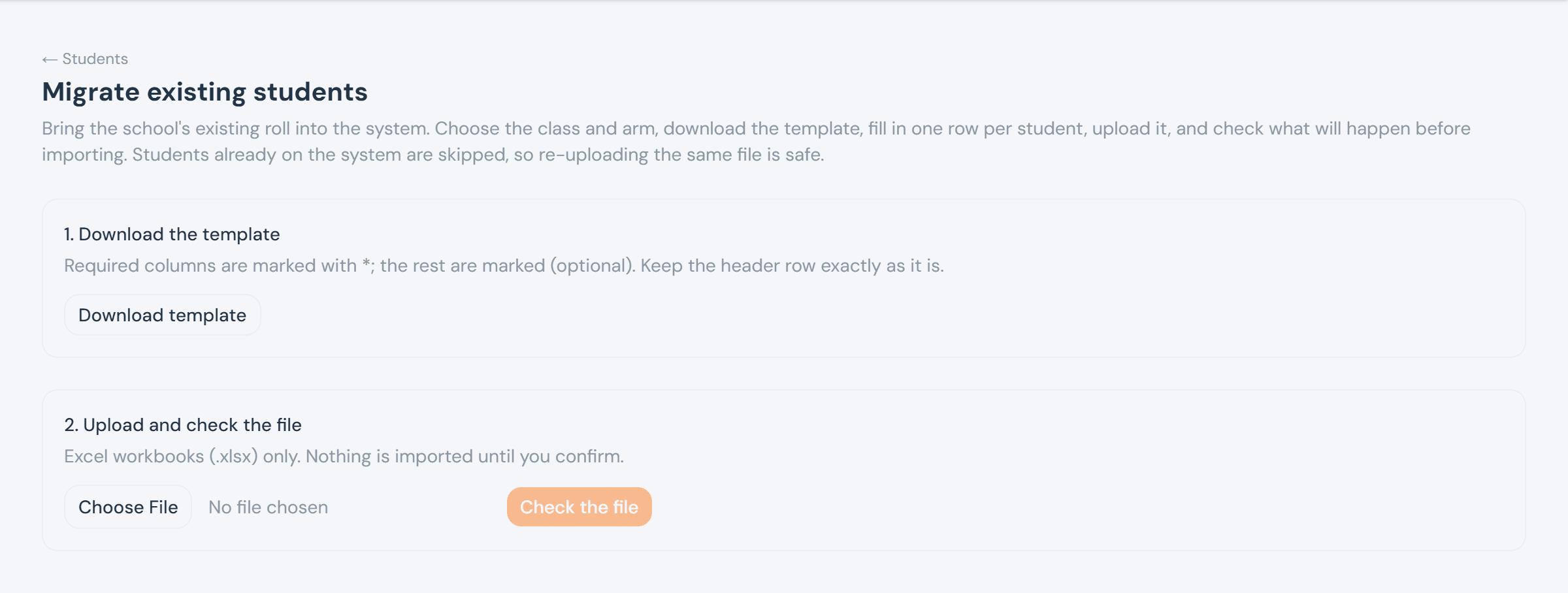 The Migrate existing students page: step 1, Download the template; step 2, Upload and check the file, with a Choose File input and a Check the file button