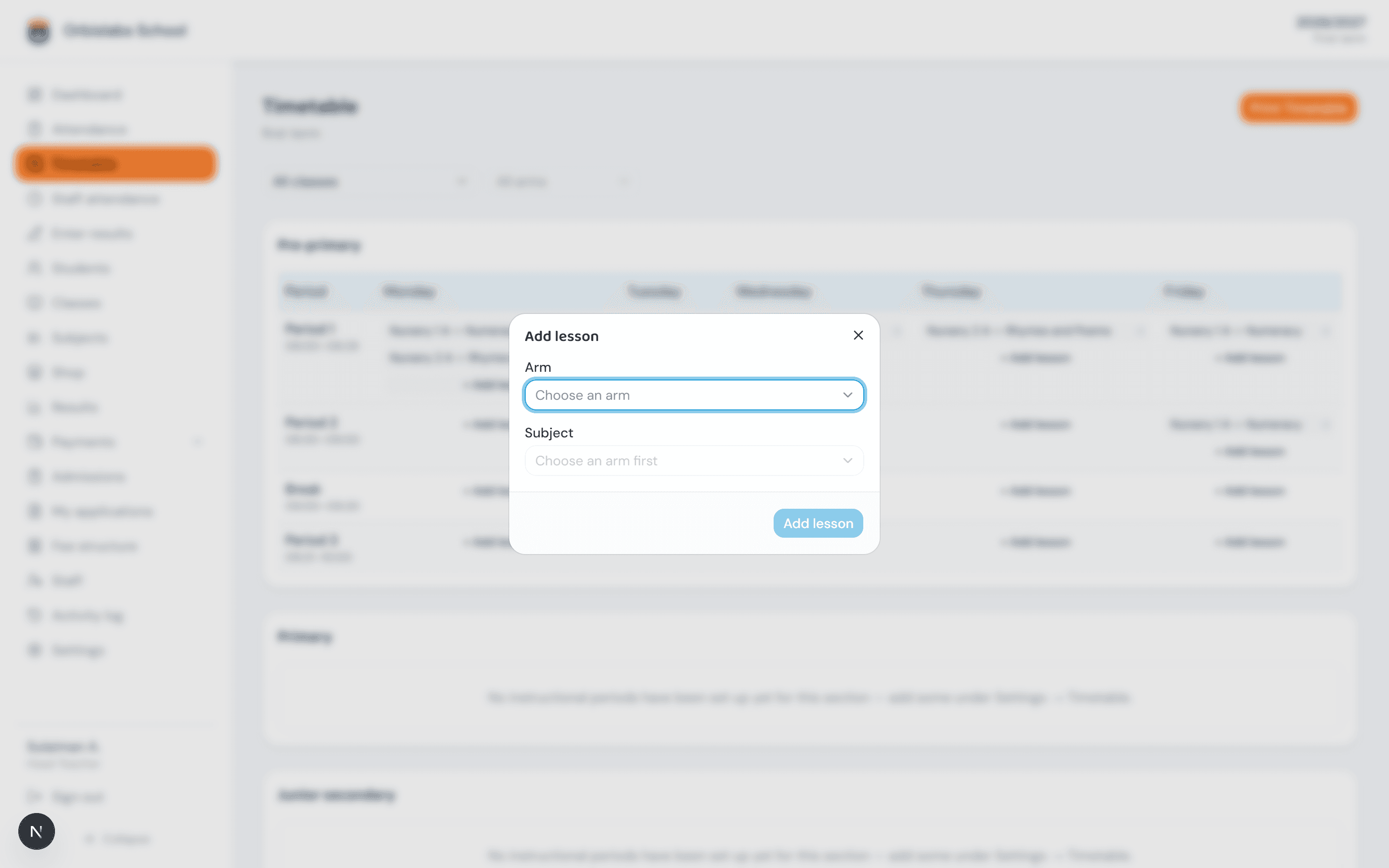 The Add lesson dialog open over the timetable board, with an Arm dropdown and a Subject dropdown (disabled until an arm is chosen), and an Add lesson submit button