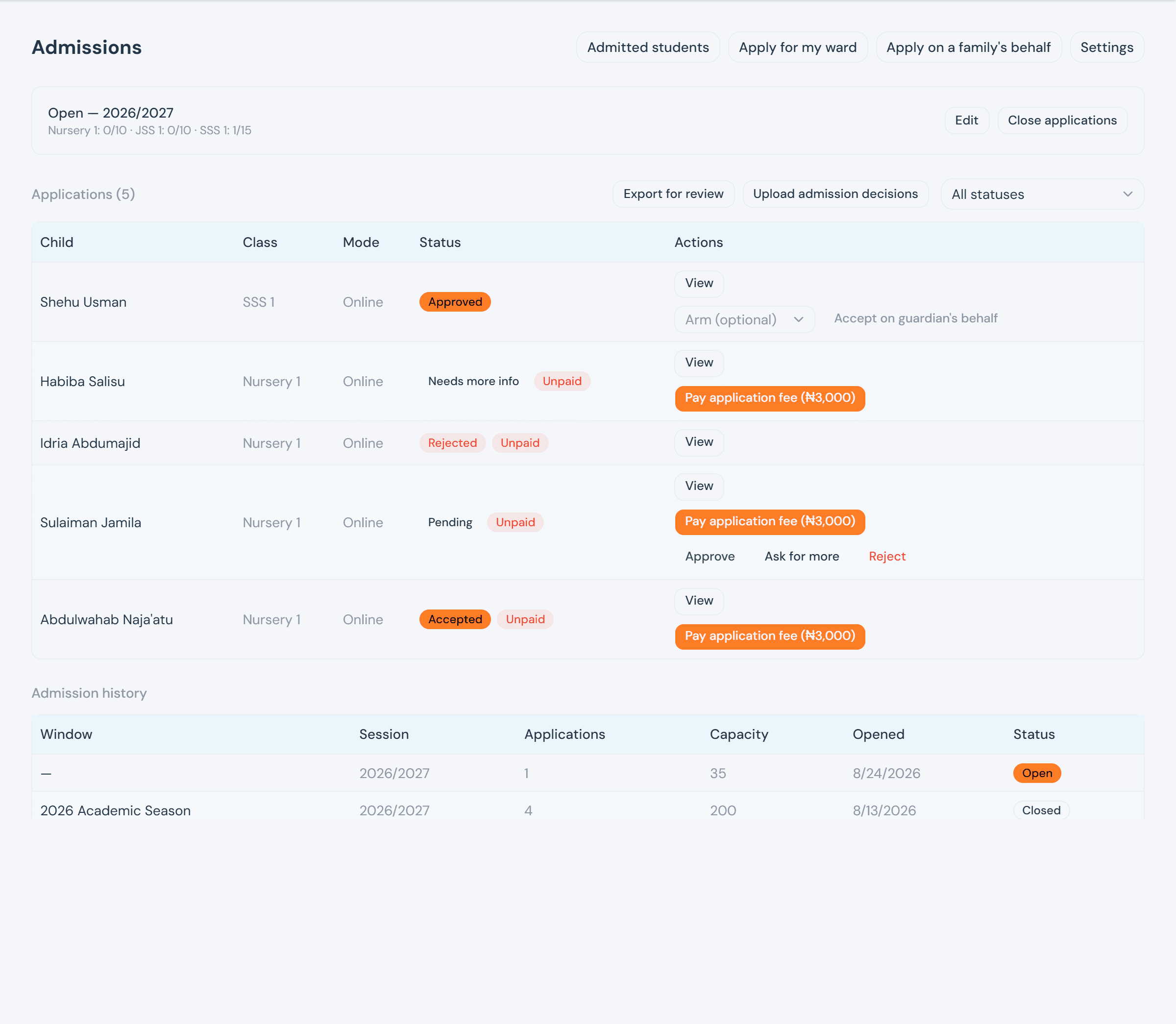 The Admissions console, showing applications across every status — approved, needs more info, rejected, pending, and accepted