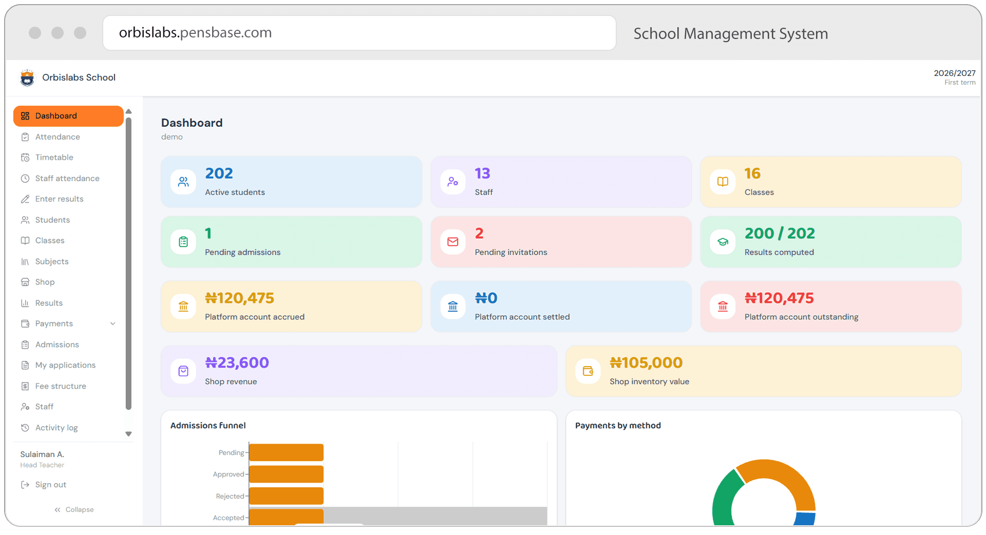 Pensbase dashboard on a school's own subdomain